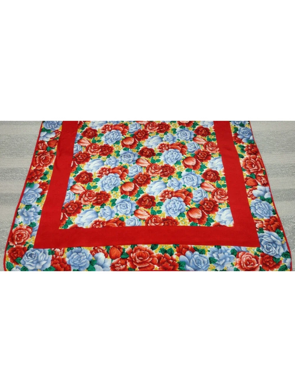 Vintage 100% Pure Silk Scarf Roses Periwinkle Red Tulips Florals Chinese Silk